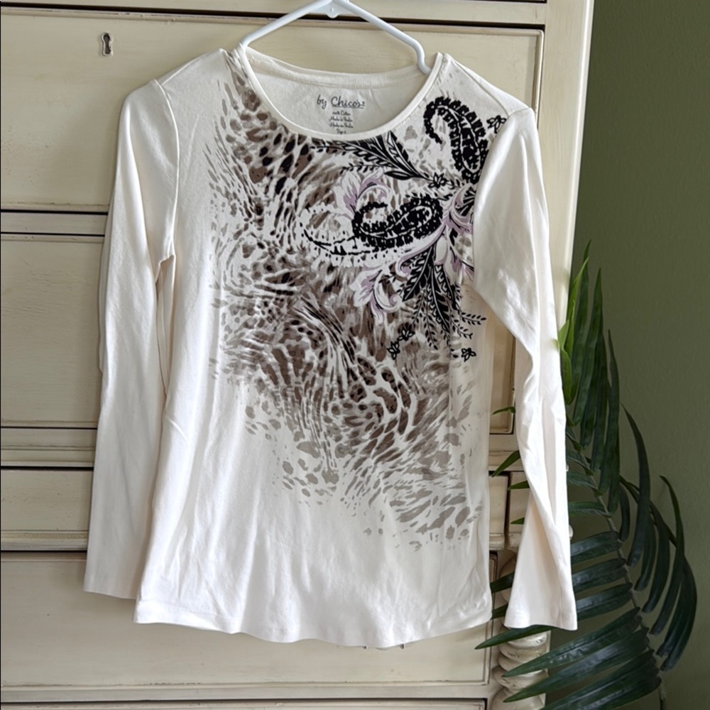 Chico's Cream Long Sleeve Top with Animal Print